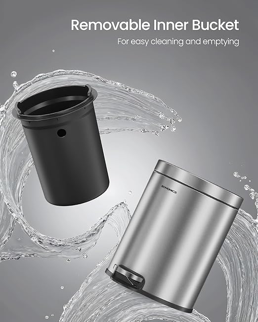 SONGMICS Bathroom Trash Can, 1.6 Gallon (6 L) Small Toilet Garbage Bin with Lid, Soft-Close, Stainless Steel, Pedal, Inner Bucket, Bedroom, Metallic Silver ULTB016EZ01