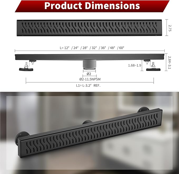 Sharp-tec Linear Shower Drain, 36 inch Shower Drain with Removable Pattern Cover, Matte Black 304 Stainless Steel Rectangle Floor Drain, Adjustable Feet and Hair Strainer Included