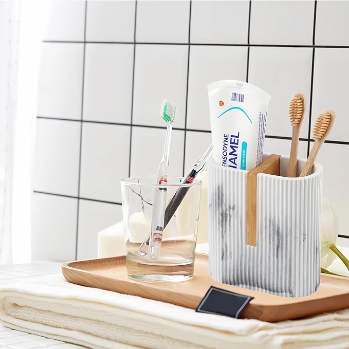 rejomiik Toothbrush Holders Electric Toothbrush Holder for Bathrooms, Bamboo Tooth Brushing and Toothpaste Storage Organizer for Sink, Countertop, Marble White