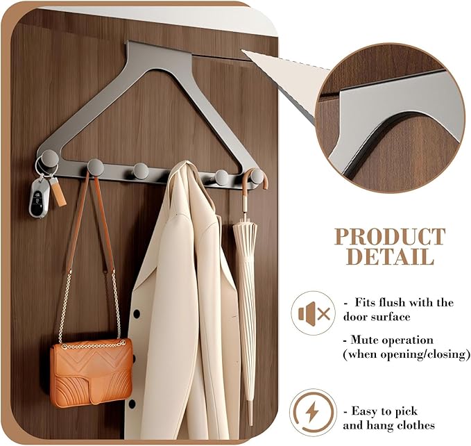 HGZBS Over Door Hooks, No Drill Silent Use 6 Hooks for Towels & Clothes, Modern Matte Metal 8.7 inch (Gunmetal Gray, Regular)