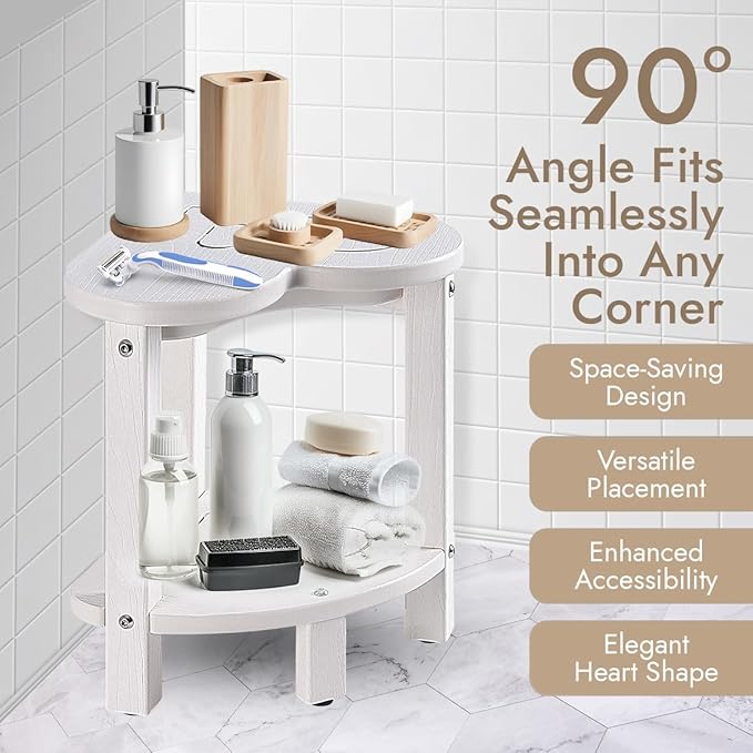 Corner Shower Stool for Inside Shower - Waterproof Corner Shower Bench, HDPE Plastic Bathroom Bench, Adjustable Height Corner Chair for Shaving Legs,Storage Shelf,Non-Slip Feet，White