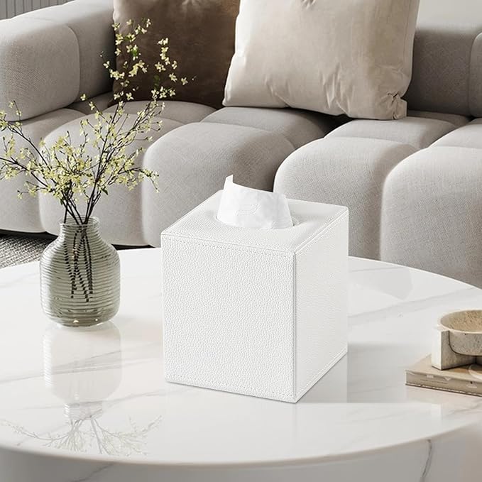 PU Leather Tissue Box Cover Square Tissue Box Holder with Magnetic Closure, Decorative Tissue Holder for Bathroom Bedroom Office (White)
