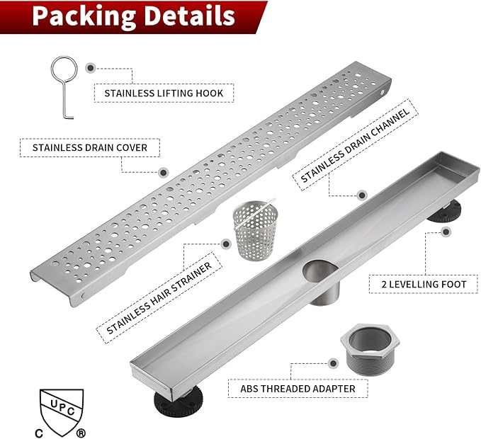 Sharp-tec 36 inch Linear Shower Drain, Brushed Rectangular Floor Drain, V-Shape Design Drain Channel, 304 Stainless Steel, cUPC Certificated for Bathroom Shower Room (Drain Base is Not Included)