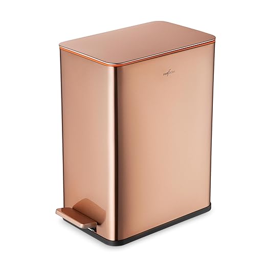 RED FACTOR Slim 2.6 Gallon Stainless Steel Pedal Trash Can with Soft Close Lid for Narrow Spaces – Wastebasket Bin with Removable Inner Bucket for Bathroom, Kitchen, Bedroom or Office (Copper)