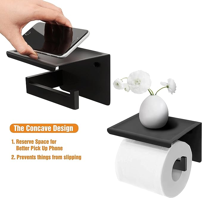 HITSLAM Matte Black Toilet Paper Holder with Shelf & 4 Towl Sticky Hooks, Self-Adhesive or Screw Mount Toilet Paper Roll Tissue Holder, SUS 304 Stainless Steel, Rustproof for RV& Bathroom Home