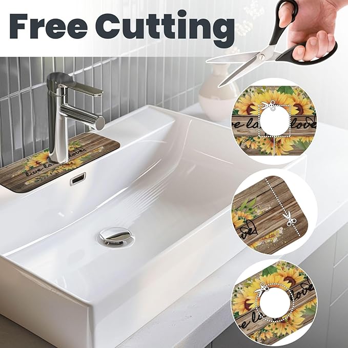 Sunflower On Board Rustic Yellow Summer Fall Live Laugh Love Kitchen Sink Splash Guard Faucet Mat 1 Pcs, Absorbent Fast Drying Mat Gadgets Splash Guard For Bathroom 15 X 5.5 Inches