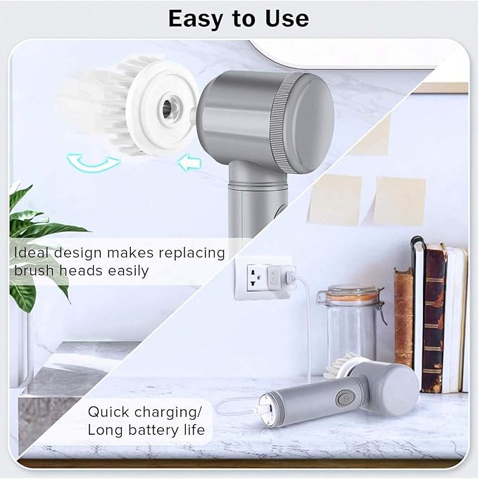 Electric Cleaning Brush, Rechargeable Multifunctional Scrubber for Kitchen and Bathroom, IPX6 Waterproof, 350rpm High Speed, 1500mAh Battery, with Multiple Brush Heads (white, 5 brush heads)