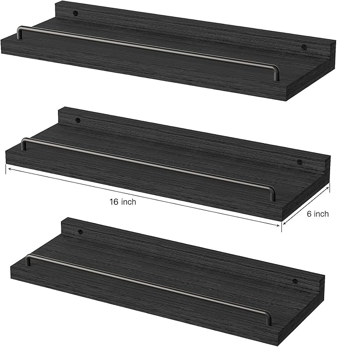 Floating Shelves for Wall Decor Bathroom Shelves Over Toilet, Farmhouse Wall Shelves for Living Room, Bedroom, Picture Frames, Plants, Kitchen (Black, Set of 3)