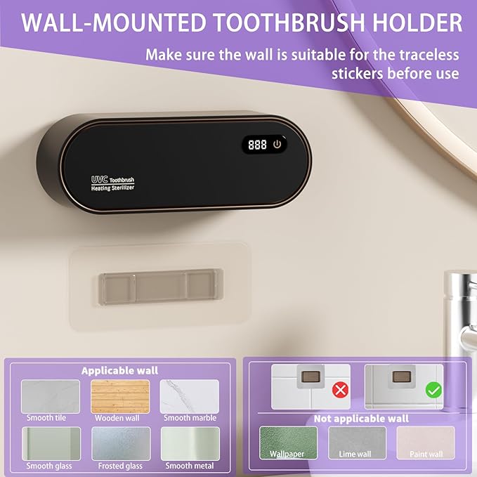 Toothbrush Holders for Bathrooms,Electric Toothbrush Holder with 24-Hour Smart Cycle Cleaning and hot air Drying, LED Display, Rechargeable Wall Mounted Tooth Brushing Holder (Black)