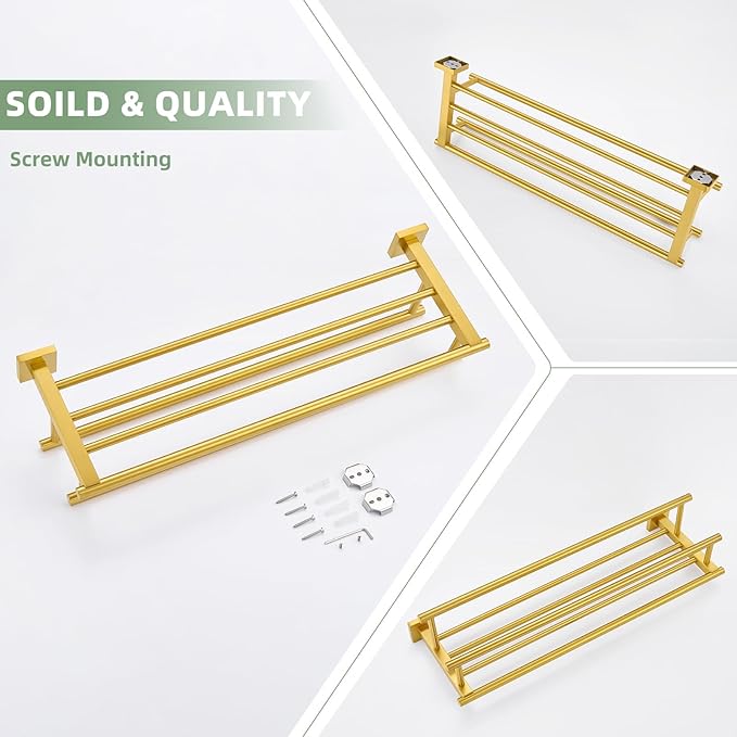 Bathroom Towel Shelf with Holder, Angle Simple SUS304 Stainless Steel Bath Towel Rack with Double Towel Bar, Wall Mount, Brushed Gold 23.62 Inches