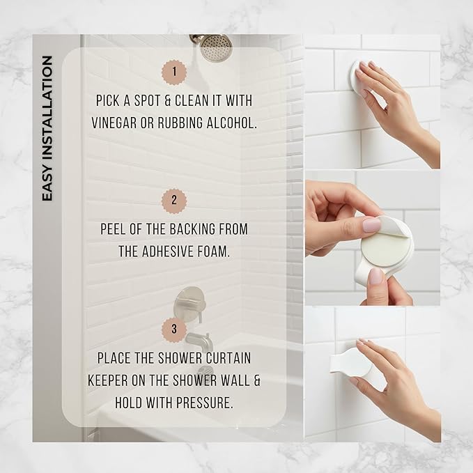4 Pack Self Adhesive Shower Curtain Clips – Wall Mounted Clips Keep Curtain Closed and Contain Water Inside Shower – Easy Install Bathroom Splash Guards – Shower Accessories (Bright White)