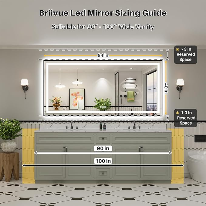 84x40 Inch LED Bathroom Mirror with Black Frame, Backlit & Front Lit, Anti-Fog Lighted Bathroom Vanity Mirror for Wall, Memory Function, Dimmable, HD Tempered Glass, Shatter-Proof