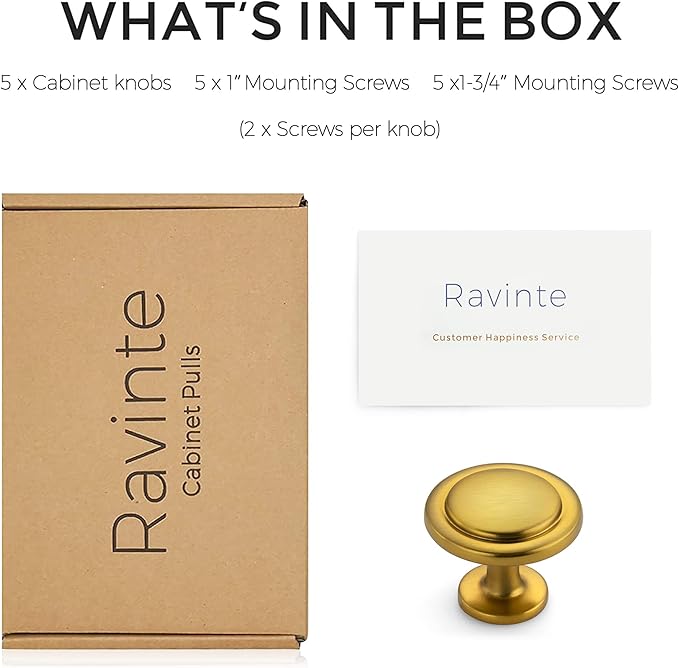Ravinte 5 Pack 1-1/4 Inch Kitchen Cabinet Knobs - Brushed Brass Zinc Drawer Pulls and Door Handles for Dresser