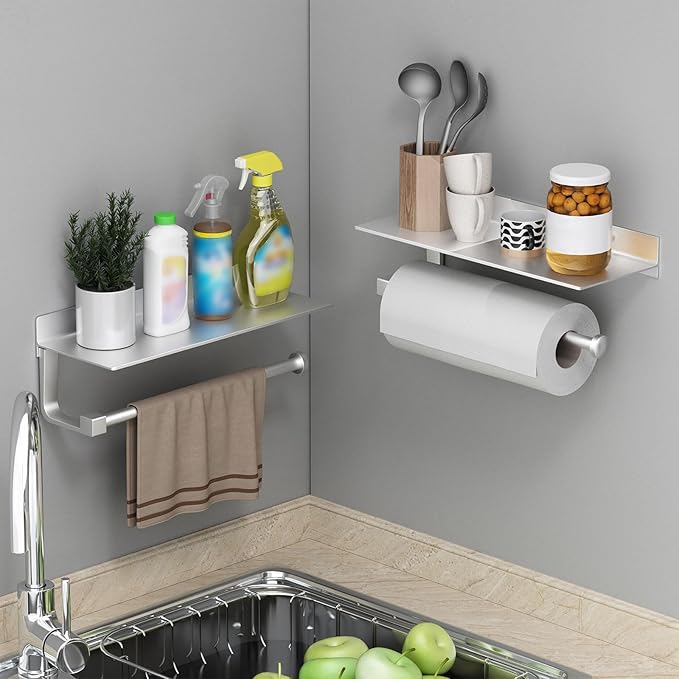 Danpoo Wall Mount Paper Towel Holder with Shelf for Bathroom/Kitchen, Adhesive Hand Towel Holder, Matte Silver