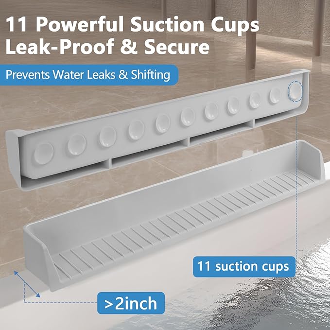 2.6-Ft Bathtub Splash Guard for Tub Kids, Silicone Splash Shield with 11 Suction Cups, Toy Tray Shelf, No Spill Water Barrier, Prevents Mess, Fun Bathtime for Toddlers Baby–Gray