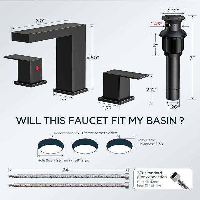FORIOUS Waterfall Black Bathroom Faucet 3 Hole, 8 Inch Widespread Matte Black Waterfall Faucet for Bathroom Sink 3 Hole with Metal Pop-Up Drain and Supply Lines for Restroom, Lavatory, Vanity