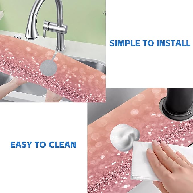 Abstract Pink Glitter Diamond Sink Faucet Absorbing Mat Sink Splash Guard Faucet Mat Draining Mat Fast Drying Sink Protectors for Kitchen and Bathroom 5.5"×24"