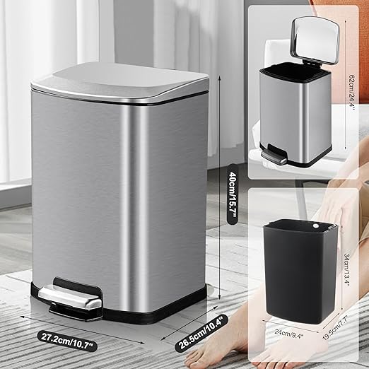 ELPHECO Bathroom Trash Can with Lid 4 Gallon / 15.1 Liter Stainless Steel Garbage Bin with Pedal Silver Trash Can with Removable Inner Bucket for Kitchen, Silver