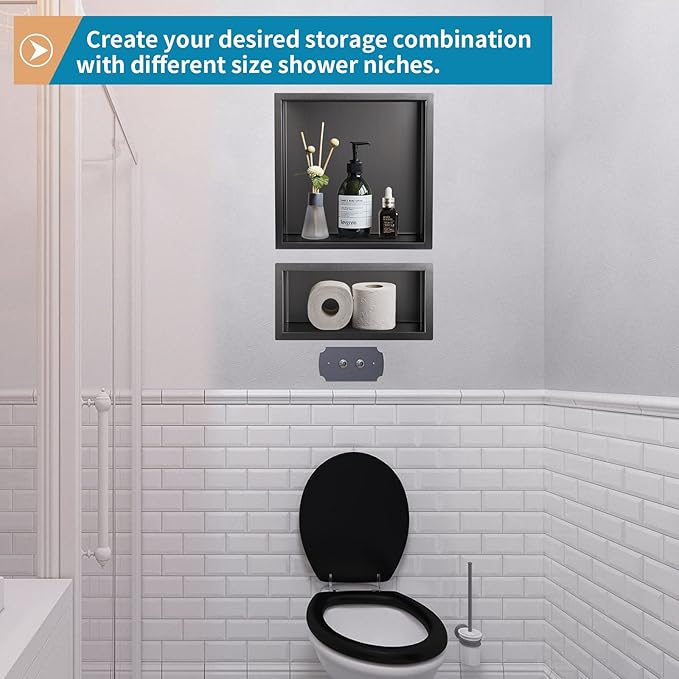 12"×12" Shower Niche Brushed Stainless Steel, Recessed Shower Caddy, Bathroom Shelf Insert Fits for 11"x11" Wall Hole Installation (Light Black)