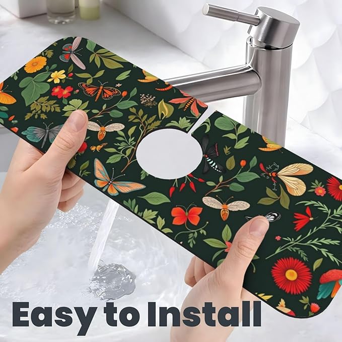 Butterfly Floral 15" X 5.5" Kitchen Sink Splash Guard, Faucet Guard Draining Mat, Faucet Suction Pad For Kitchen Bathroom
