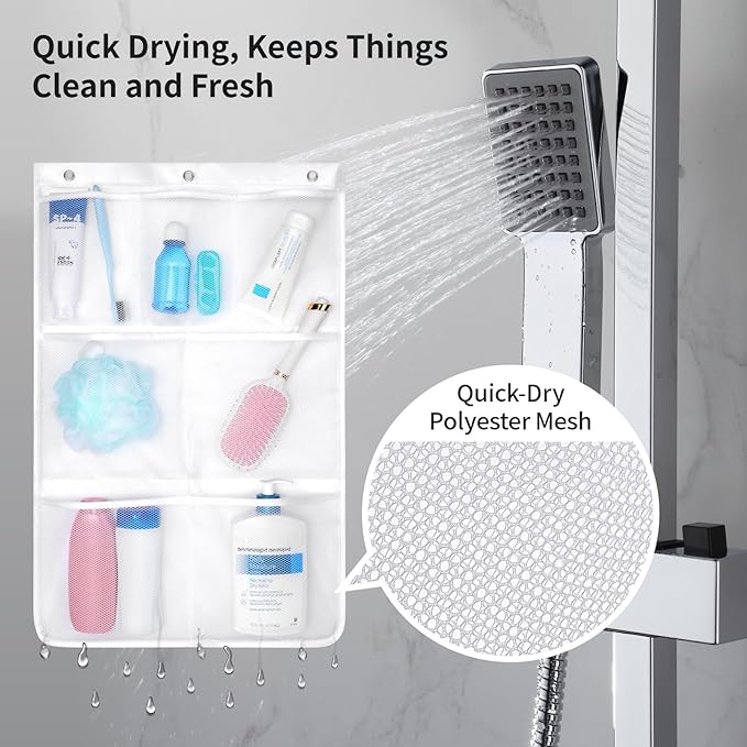 F-color Cruise Essentials 2026-7 Pockets Mesh Shower Organizer Hanging Bundle with Retractable Clothesline, Quick-Dry, Portable Toiletry Bag Travel Laundry Drying Kit for RV Hotel Camping