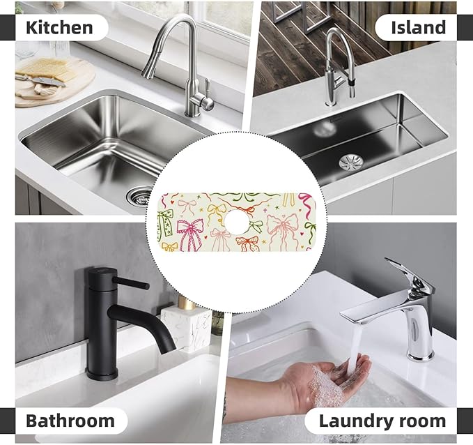 Colorful Bow 15" X 5.5" Kitchen Sink Splash Guard, Faucet Guard Draining Mat, Faucet Suction Pad For Kitchen Bathroom