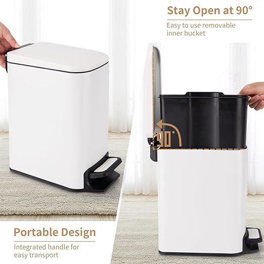 Slim Bathroom Trash Can with Soft Close Lid, Step Pedal, Removable Inner Bucket, Small Trash Can,6 Liter / 1.6 Gallon, Fingerprint-Resistant Small Garbage Bin for Bedroom, Office, Kitchen (White)