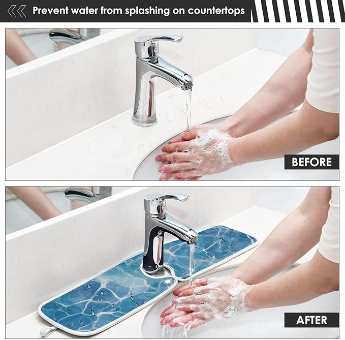 2 PCS Kitchen Sink Splash Guard 30 Inch Faucet Mat for Kitchen Sink Bathroom Sink Faucet Absorbing Drip Drain Mat Pad Microfiber Soft Washable Blue Pool Ripples