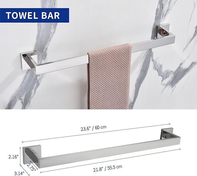 TASTOS 5-Piece Bathroom Hardware Set Wall Mounted Bathroom Accessory Set, Premium Stainless Steel Robe Hook Toilet Paper Holder 24-Inch Towel Bar (Polished)