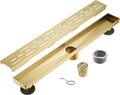 Sharp-tec Linear Shower Drain, 36 inch Shower Drain with Removable Pattern Cover, Brushed Gold 304 Stainless Steel Rectangle Floor Drain, Adjustable Feet and Hair Strainer Included (Model 101)