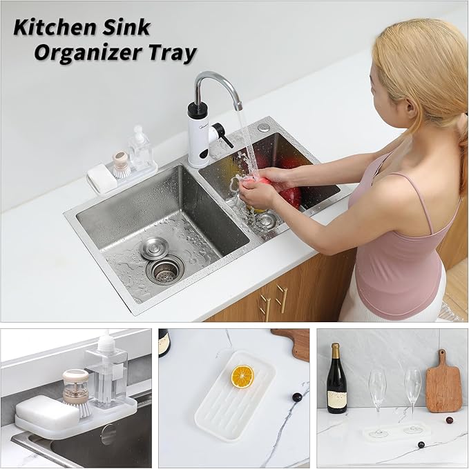 Silicone Kitchen Sink Organizer Tray for Multiple Usage,Easy Clean Sponges Holder for Kitchen Bathroom Counter or Sink,Dish Soap Dispenser,Scrubber,Bottle,Cup Translucent 10”x 5.3”