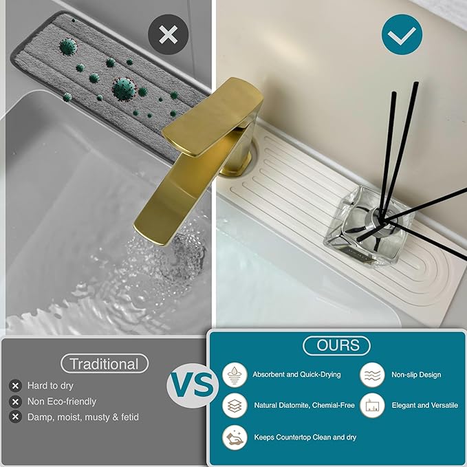 Faucet Mat for Kitchen Sink, Stone Drying Mat for Kitchen Counter, Stone Mat Bathroom, Kitchen Mat, Sink Mat, Water Absorbing Stone Tray for Sink, Bathroom Stone Mat (WHITE, 15.8*4")