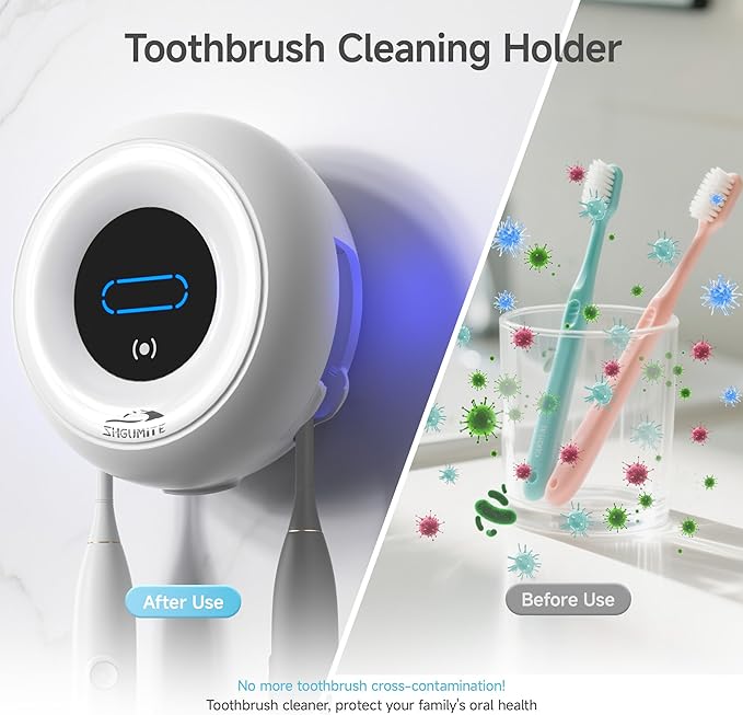 Toothbrush Holder Sanitizer - Cleaning & Drying, Rechargeable Wall-Mounted Toothbrush Organizer with Touch Control, Two-Slot Design for Bathroom (White)