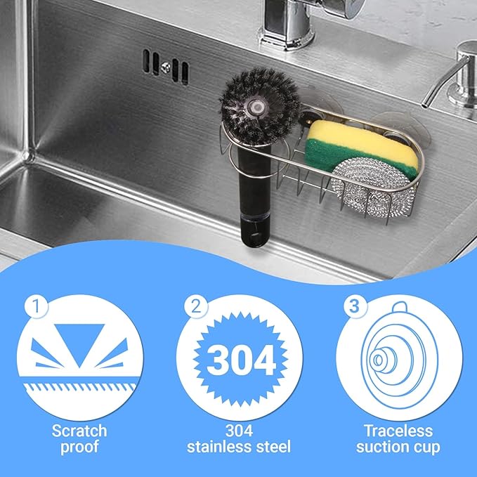 Sink Sponge Holder, Magnetic Kitchen Sink Caddy Holder, 304 Stainless Steel Sink Brush Holder+Sponge Holder, Two Suspension Modes, Sink Drain Frame- Silver (Traceless suction cup)