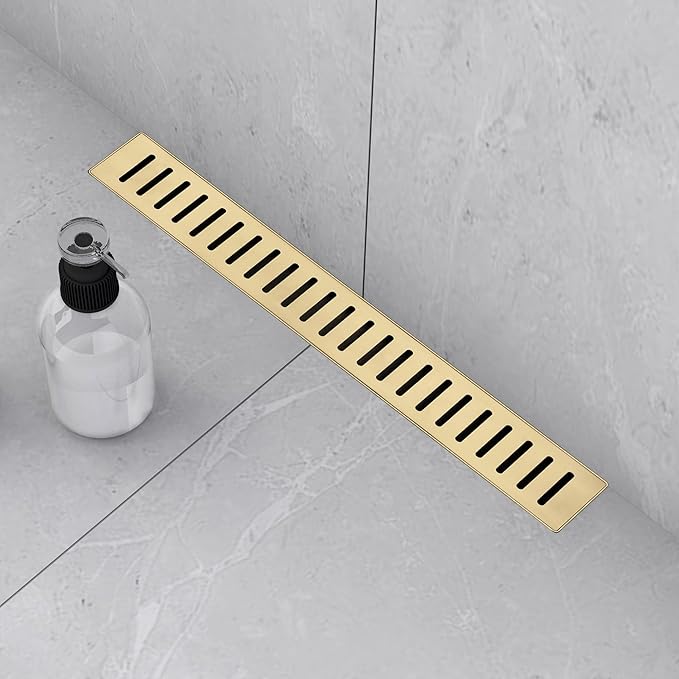 Linear Shower Drain 36 inch, Floor Drain with Removable Pattern Grate, 304 Stainless Steel Rectangular Linear Drain with Hair Strainer, CUPC Certified, Brushed Gold, SD-104