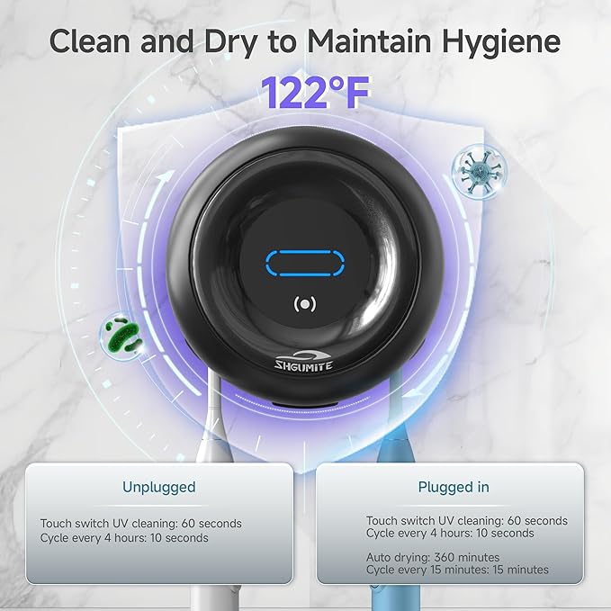 Toothbrush Holder Sanitizer - Cleaning & Drying, Rechargeable Wall-Mounted Toothbrush Organizer with Touch Control, Two-Slot Design for Bathroom (Black)