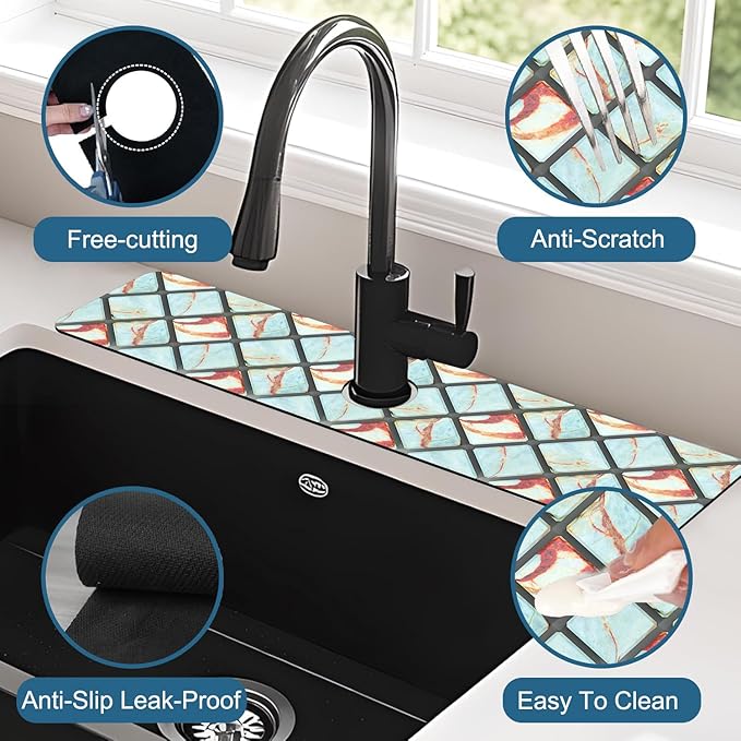 Rendering Marble Kitchen Sink Splash Guard Faucet Mat Blue Wall Tiles Super Absorbent Fast Drying Mat Sink Splash Guard Behind Faucet for Kitchen Bathroom, 23.5"x5.5"
