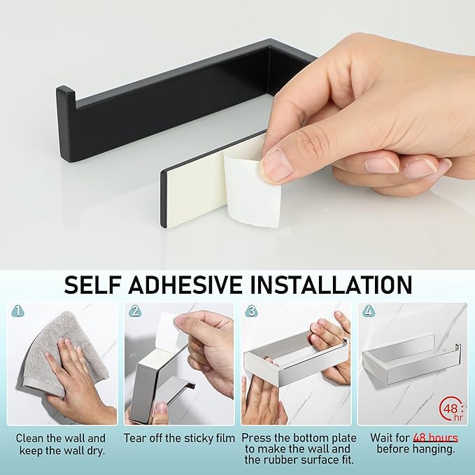 SAYAYO Self Adhesive Toilet Paper Holder Wall Mount, Modern Matte Black Stick on Toilet Paper Roll Holder for Bathroom Square, SUS304 Stainless Steel