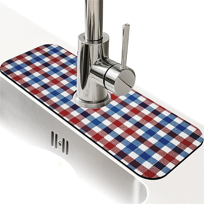Kitchen Sink Splash Guard，Red white blue gingham Faucet Mat Sink Gadgets-Super Absorbent Fast Drying Mat Drip Catcher for Kitchen, Bathroom,Sink Mat, Dish Drying Mat, Bathroom(15" X 5.5" )