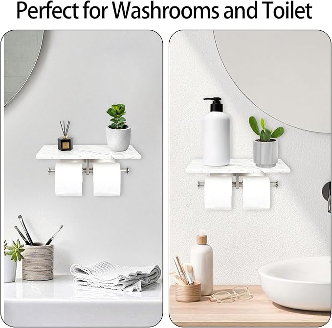 Toilet Paper Holder with Natural Marble Shelf for Bathroom Washroom,Wall Mounted Tissue Holder Suitable for Mega Roll (Brushed Nickel, Large 11.8 * 4.7)