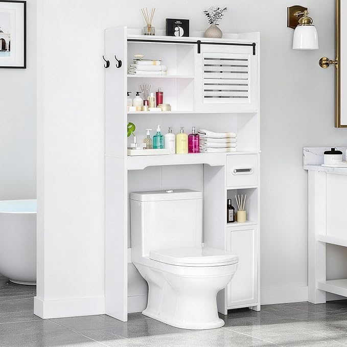 Over The Toilet Storage Cabinet, Bathroom Storage Cabinet Organizer, Above Toilet Rack with Door and Adjustable Shelves, Space Saver for Restroom, Laundry (White Left Side)