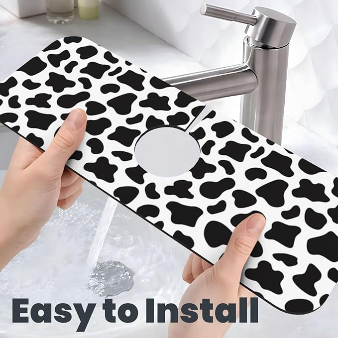 Cow Dalmatian Skin Print Black And White Kitchen Sink Splash Guard Faucet Mat Super Absorbent Fast Drying Mat Sink Gadgets-Fast Drying Pad Sink Mat For Kitchen Bathroom (15" X 5.5" )