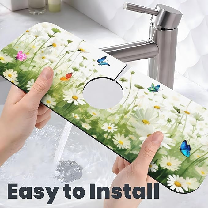 Vintage Watercolor Daisy Butterfly Dish Drying Mat for Kitchen Counter, 18"x24" Microfiber Absorbent Fast Dry Mat, 2Pcs Dish Mat Faucet Mats Sets, Large Drying Kitchen Mat Kitchen Drying Pad