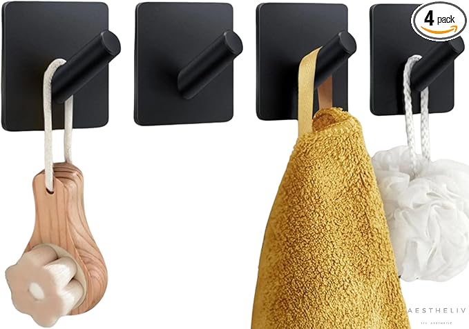 Adhesive Hooks for Hanging - 4 PCs, Towels Hooks for Bathroom, Sticky Hooks for Walls No Damage, Adhesive Hook for Outside, Kitchen, Bathroom, Office (Hook 3)