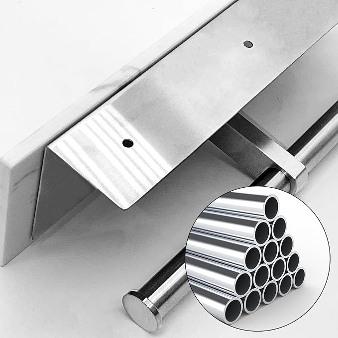 Toilet Paper Holder with Shelf, Double Toilet Paper Holder Wall Mount and 2PCS Free Adhesive Hooks for Bathroom Washroom, Marble Toilet Paper Holder Brushed Nickel