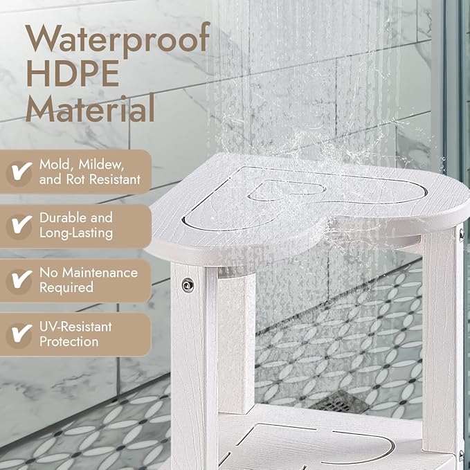 Corner Shower Stool for Inside Shower - Waterproof Corner Shower Bench, HDPE Plastic Bathroom Bench, Adjustable Height Corner Chair for Shaving Legs,Storage Shelf,Non-Slip Feet，White
