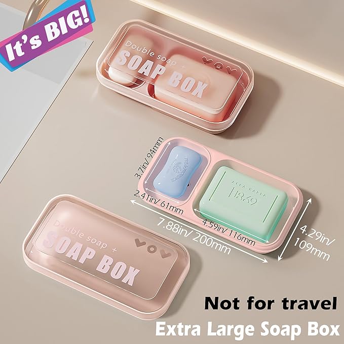 Large Dual Compartment Soap Dish with Lid & Drain Holes | Large Capacity Shower Organizer, Non-Slip Bathroom Soap Holder for 2 Bars - Durable PP Plastic, Prevents Melting (Pink)