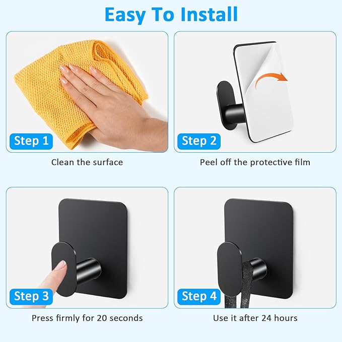 Adhesive Wall Hooks 12 Pcs, Waterproof Matte Black Towel Hooks for Bathroom, Stainless Steel Sticky Hooks for Kitchen Shower with Strong Hold