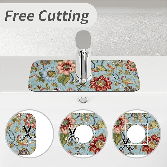 Kitchen Sink Splash Guard，large flowers and leaves Faucet Mat Sink Gadgets-Super Absorbent Fast Drying Mat Drip Catcher for Kitchen, Bathroom,Sink Mat, Dish Drying Mat, Bathroom(15" X 5.5" )