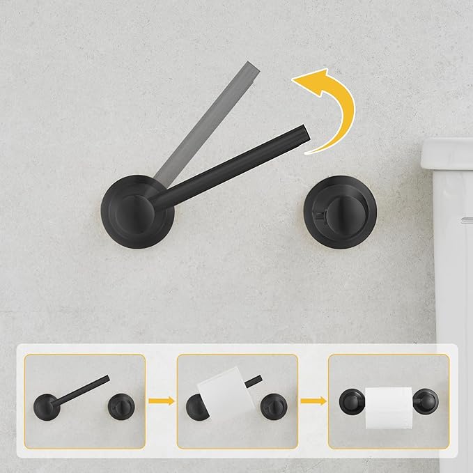 BESy Wall Mounted Toilet Paper Roll Holder Rustproof Toilet Tissue Holder Bathroom Flexible Pivoting Handle Tissue Roll Holder, Matte Black, Stainless Steel